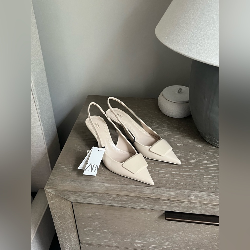 New ZARA EMBELLISHED HEELED SLING-BACKS Off-White size 6.5